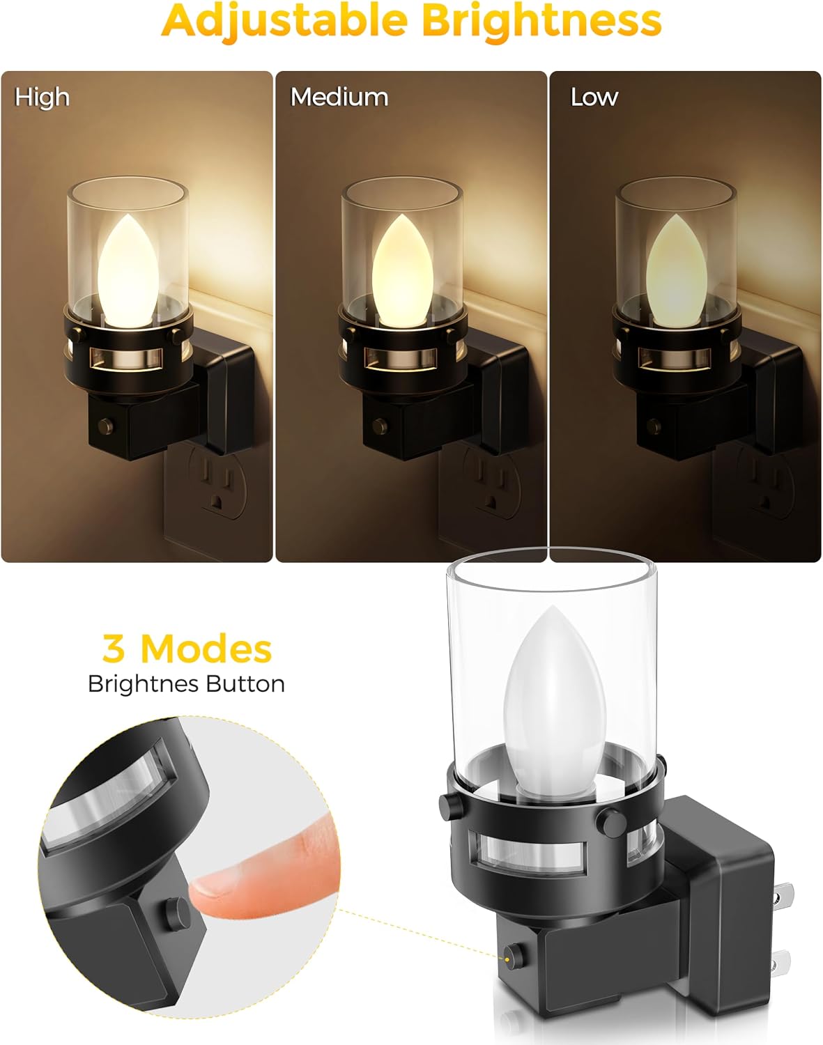 Briignite Flameless Candle Night Light, 2 Pack, Night Lights Plug into Wall, Candle Nightlight with Light Sensor, 0-100LM Dimmable LED Night Light Plug in, 1800K Amber Nightlight for Hallway Bathroom