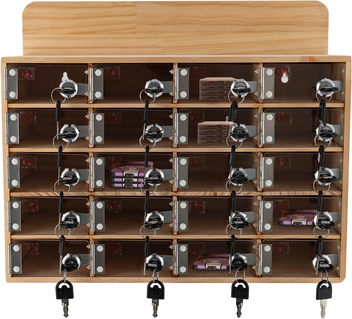 20-Slot Cell Phone Locker Box, Wood/Acrylic, Wall/Desk with Locks and Keys
