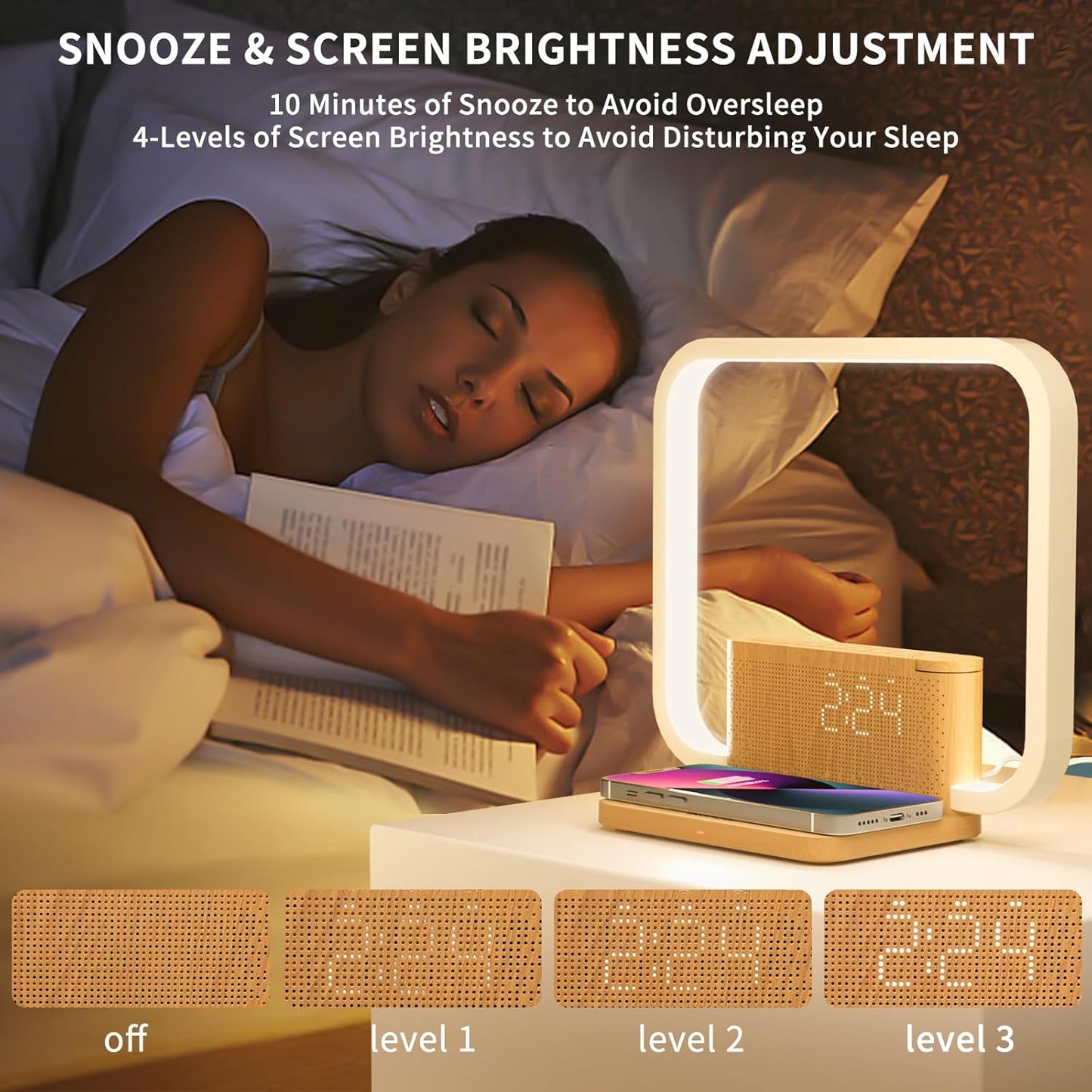 Sunrise Alarm Clock with Wireless Charging Desk Touch Lamp 3 Level Dimmable Wake-up Light Bedside Lamps for Bedroom Living Room,Sunrise Lamp with 10 Natural White Noise Sound 30/60/90 Mins countdown