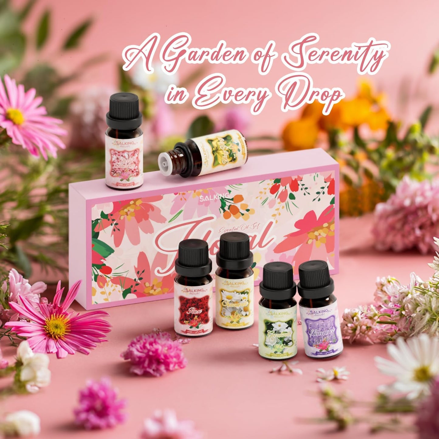 SALKING Floral Essential Oils Set, Premium Pure and Natural Essential Oils, Fragrance Oil Scented Oils for Oil Diffusers 6 x 10 ML - Lavender, Rose, Jasmine, Cherry Blossom, Gardenia, Chamomile