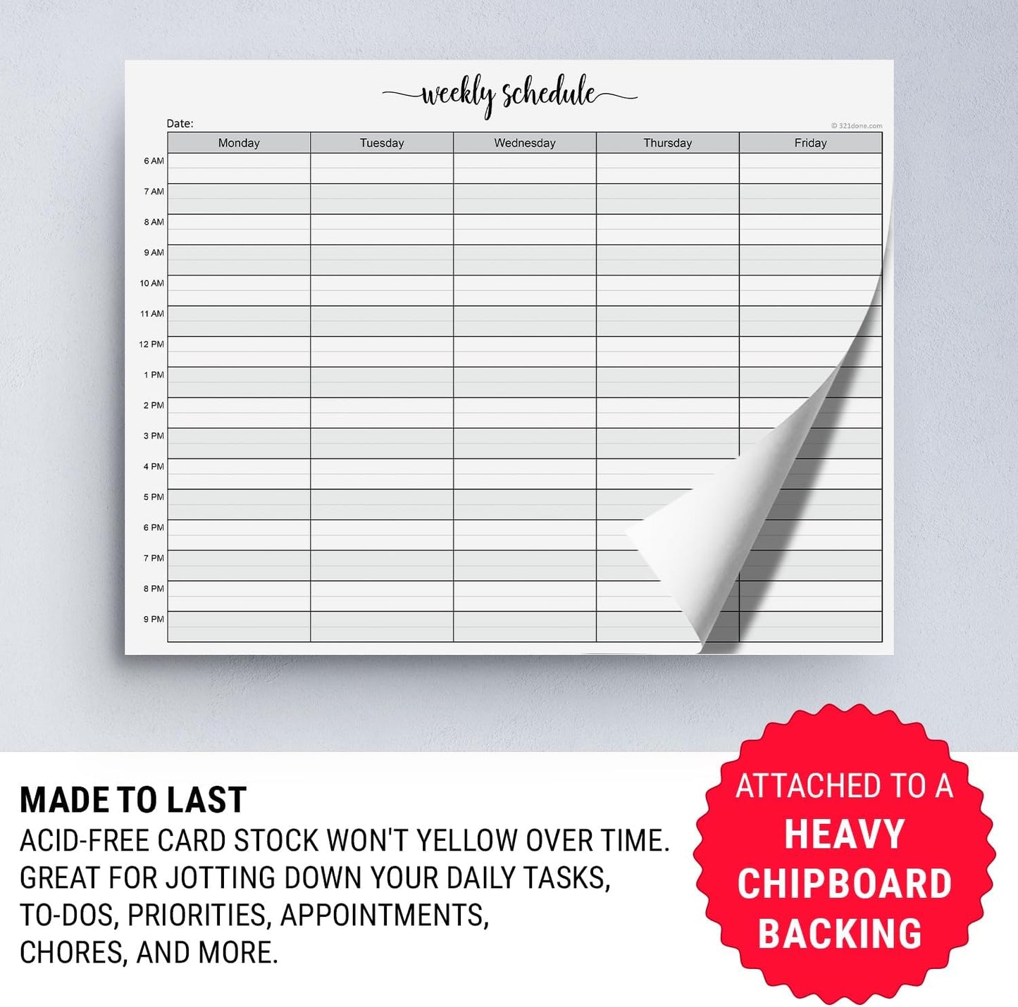 321Done Weekly Schedule Planning Notepad - 50 Sheets 11x17 Size - Mon-Sun Hourly Appointment Productivity Weekly Planner Tear-Off Note Pad, Made in USA