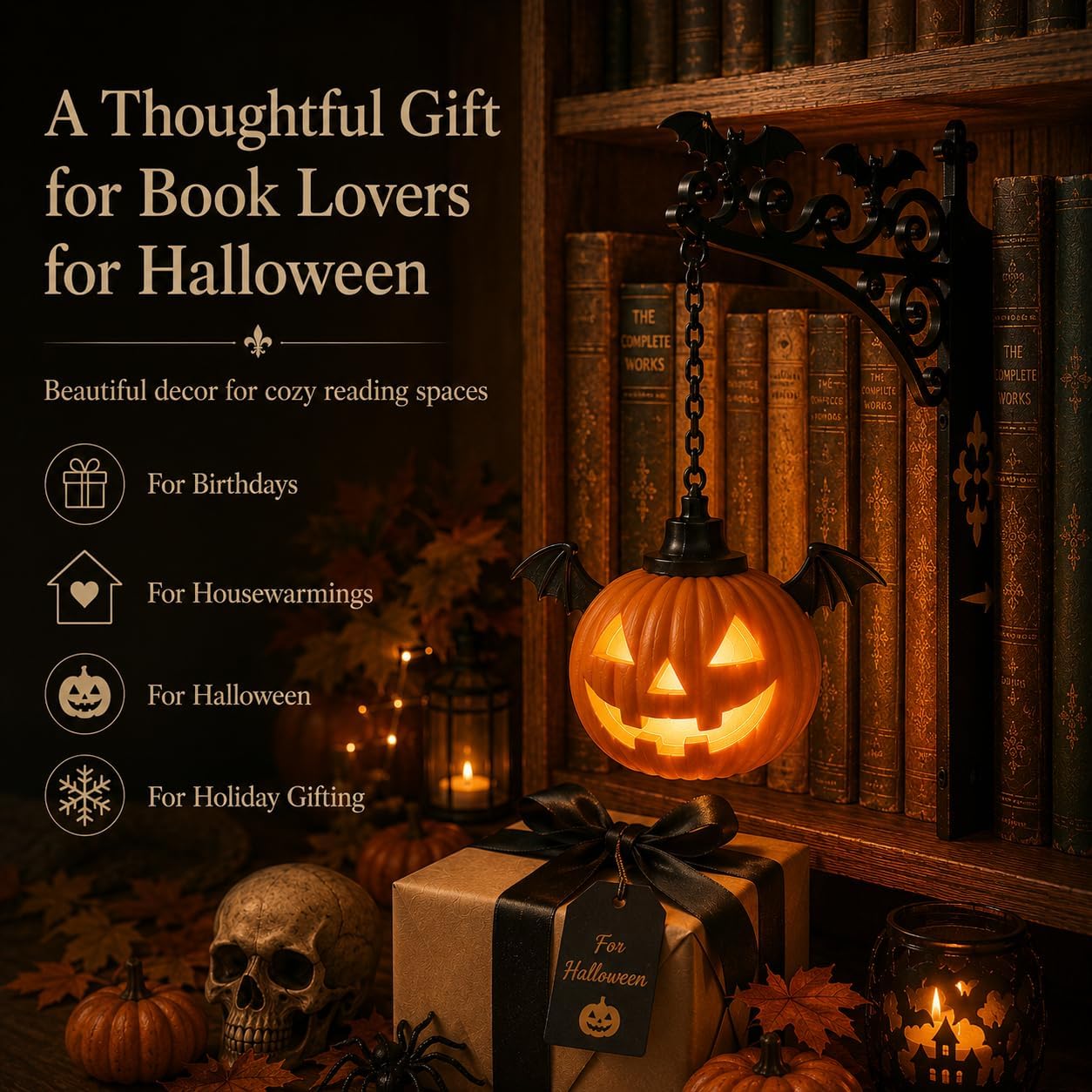 Library Lantern-Decorative Bookshelf Lighting, Mini Bookshelf Lamp Slides Between Books, Warm Amber LED Bookshelf Lights for Book Nook, Shelf Decor Gift for Book Lovers(Reading Ghost)