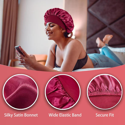 4PCS Silk Satin Bonnets for Black Women & Men - Elastic Wide Band Hair Wrap Cap for Curly Hair - Shower Cap for Sleeping (Black, Peacock Blue, Pink, Khaki)