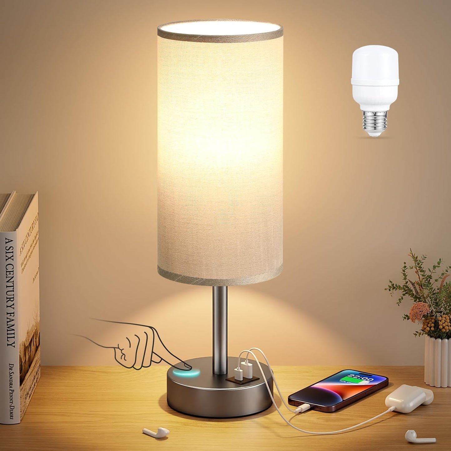 Dicoool Touch Bedside Table Lamp with USB - 3 Way Dimmable Wood Lamp for Bedroom Nightstand, Desk Lamp with Charging Station for Dorm, Living Room, Office, Kids Room, Small, 14in