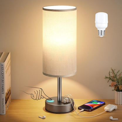 Dicoool Touch Bedside Table Lamp with USB - 3 Way Dimmable Wood Lamp for Bedroom Nightstand, Desk Lamp with Charging Station for Dorm, Living Room, Office, Kids Room, Small, 14in
