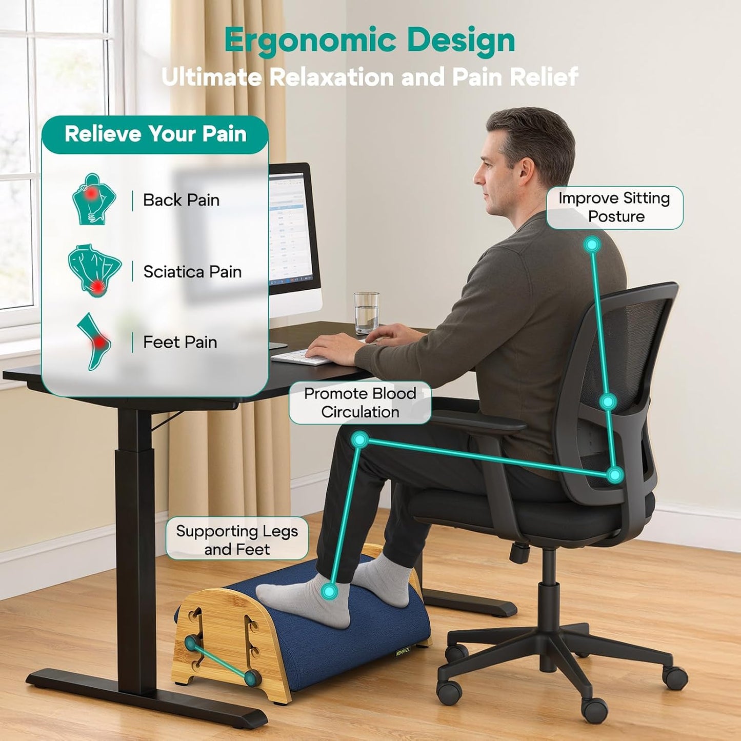 YEASHEIN Ergonomic Foot Rest Under Desk At Work, Bamboo Wood Adjustable Foot Stool Under Desk with 6 Positions, Office Footrests with Memory Foam, Leg Rest Used for Car, Home, PC Gaming Accessories