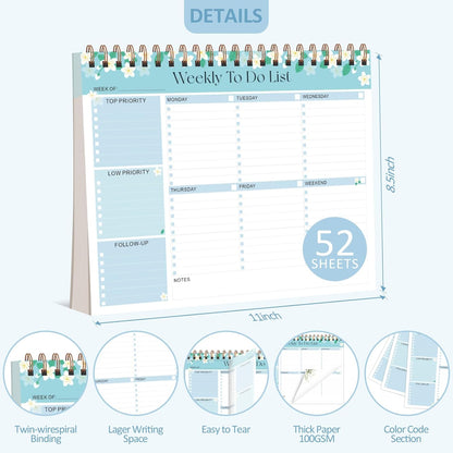 Weekly To Do List Notepad, 52 Sheets, Undated Weekly Planner, Letter Size | 8.5"x11", 100GSM, Thick Paper, Twin-Wire Spiral Bound, Tear Off Desk Pad, For Women & Man, Home School & Office Work