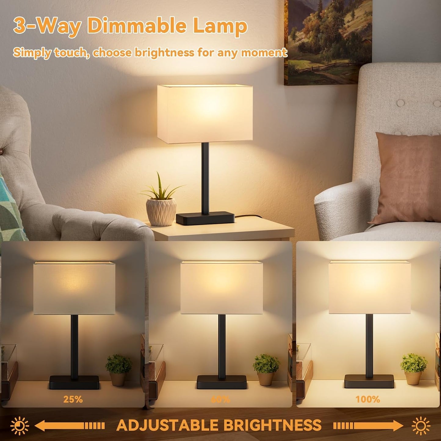 Hong-in Touch Lamps for Bedroom - 3-Way Dimmable Bedside Lamps Set of 2 with USB C+A, Grey Modern Table Lamp for Night Stands, Desk Lamp for Living Room Nightstand End Tables Bed Side