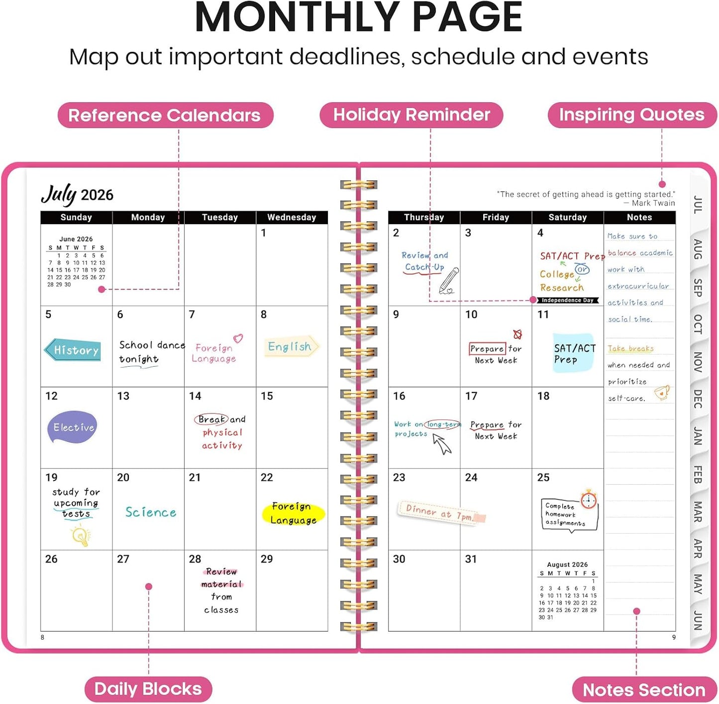 Planner 2026-2027 for Women & Men, Academic Monthly and Weekly Calendar Planner, Jul 2026 - Jun 2027, A5 (6.3" x 8.5"), Teacher Student Planning Book with Tabs, Ideal for Office School Supplies - Pink