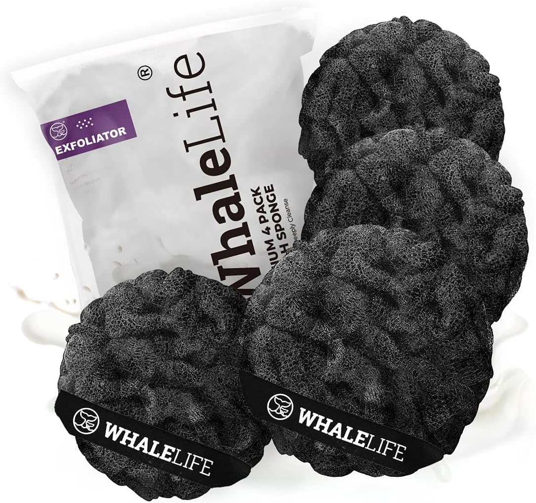 WhaleLife Loofah Bath Sponges - Black Gentle Exfoliating Shower Loofah for Rich Lather, Durable Mesh Body Scrubber for Men & Women 4 Pack