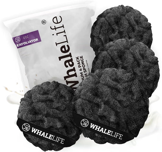 WhaleLife Loofah Bath Sponges - Black Gentle Exfoliating Shower Loofah for Rich Lather, Durable Mesh Body Scrubber for Men & Women 4 Pack