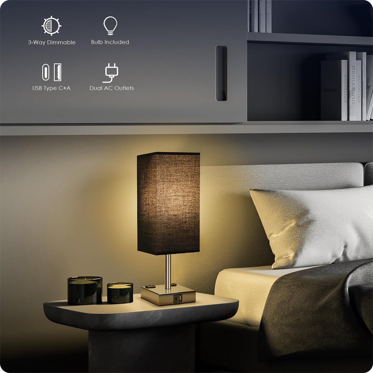 Bedside Table Lamp for Bedroom - Touch Small Lamp with USB C+A Charging Ports & AC Outlets, 3 Way Dimmable Nightstand Light for Living Room (LED Bulb Included, Grey)