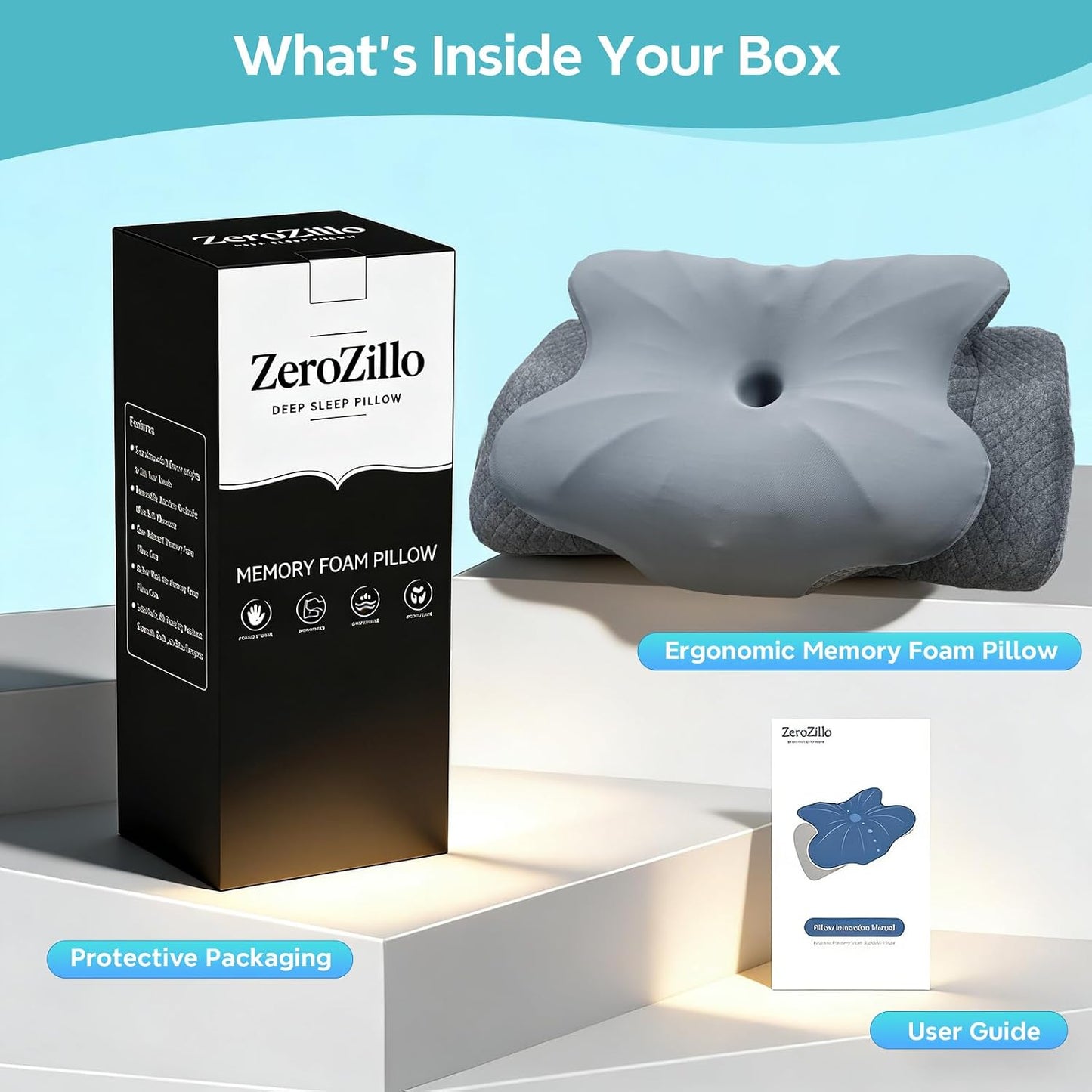 Cervical Pillow for Neck Pain Relief, Ergonomic Pillow for Side Sleeper, Memory Foam Neck Support for Back Stomach Sleepers, Cooling Breathable Orthopedic Contour Pillows for Sleep Apnea Snore, White