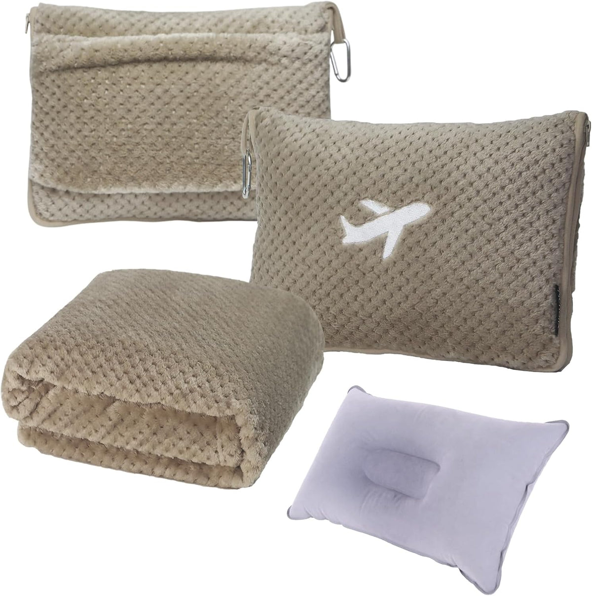 3 in 1 Travel Blanket Pillow Set - 350 GSM Thick Travel Blanket Airplane Compact with Bag, Soft Bag with a Pocket, Inflatable Travel Pillow for Camping & Car Trip(Mint Green)