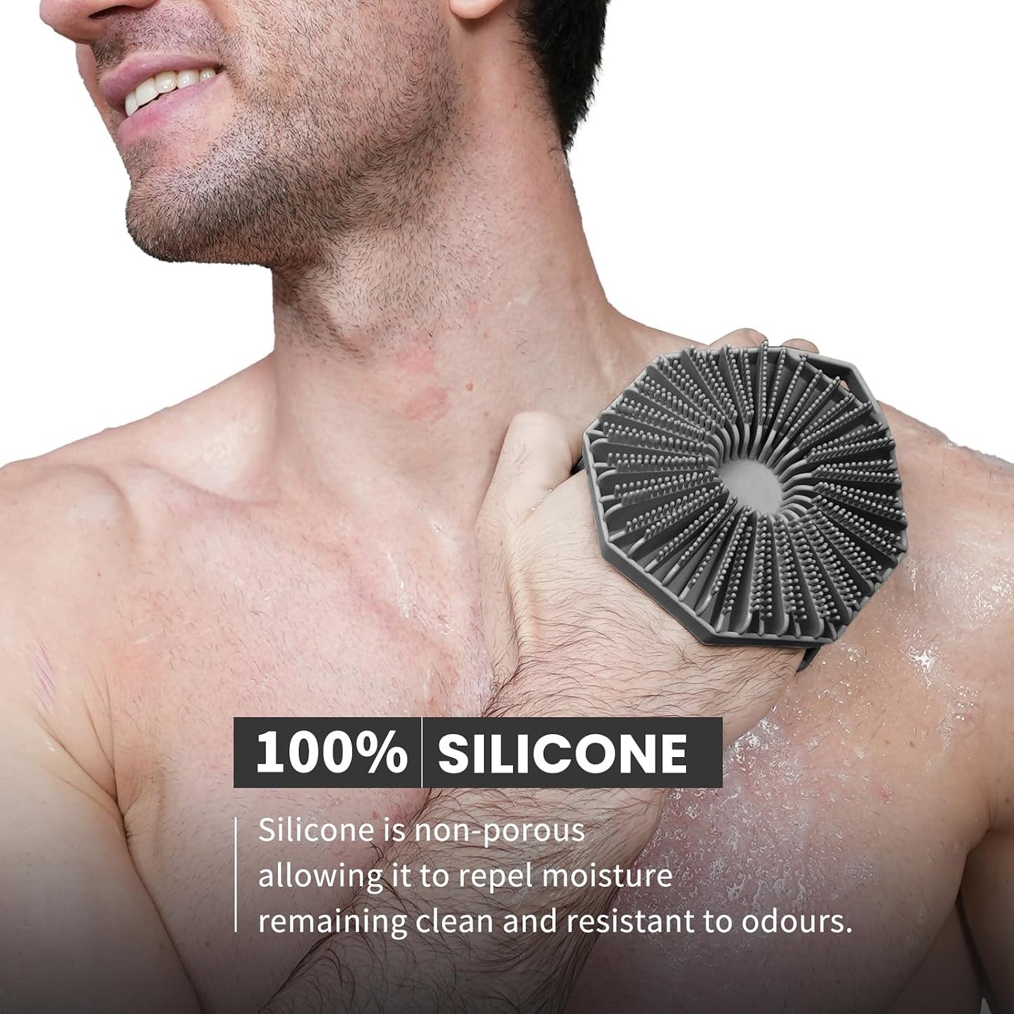 iTokGoK® Premium Silver-Infused Dual-Sided Design 2-in-1 Silicone Body Scrubber for Shower,Body Brush Buffer Scrubber for Men and Women for All Skin, Ergonomic No-Slip Handle, Easy to Clean - Black