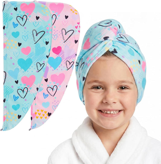 Basumee Microfiber Hair Towel Wrap for Kids 2 Pack Rapid Drying Hair Towel with Button Hair Turbans for Wet Hair Wraps Head Towel Wrap for Women and Girls, Colorful Unicorn
