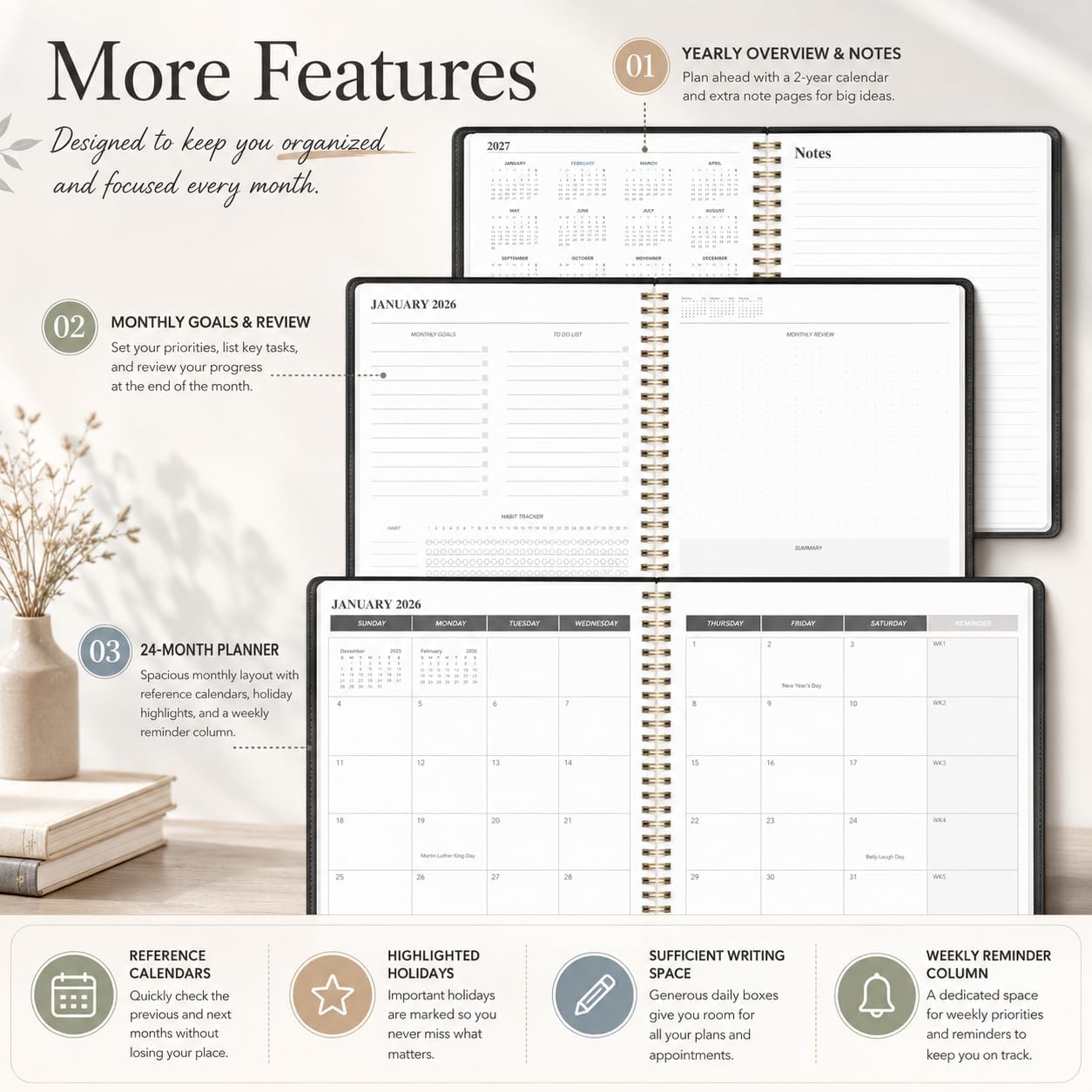 KMQOY Monthly Planner 2026-2027, 2026 Calendar 24 Months Planner, Jan 2026 - Dec 2027, 7.5"x10", Personal Calendar with Monthly Goals, To-Do List, Habit Tracker, 2 years for School Office Home Planning(Black)