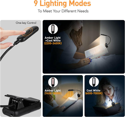 VAVOFO Amber Rechargeable Reading Light, Blue Light Blocking Book Light, 7 LEDs Eye Care 9 Colors 9 Brightness Clip On for Kids Bookworms Reading in Bed with Power Indicator Lasting 70h (Black)