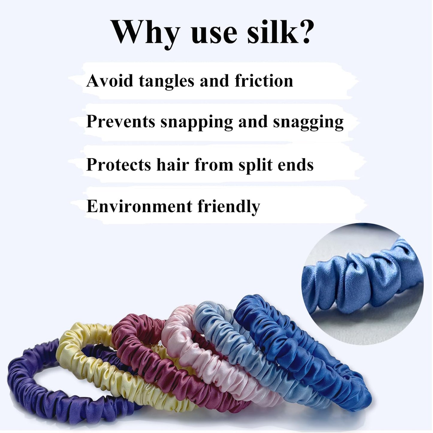 VLOMOT 6 Pcs Set 100% Pure Mulberry Silk Hair Scrunchies - 6 Chic Colors Everyday Skinny Scrunchies Silk Ponytail Holders - No Damage (Purple)