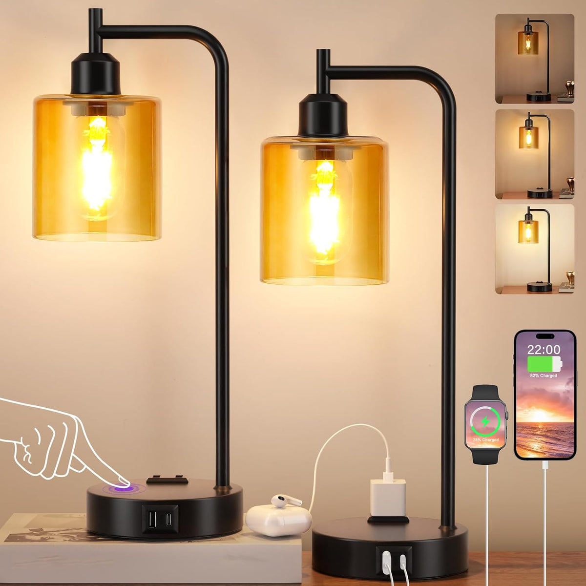 Industrial Touch Lamps for Nightstand Set of 2, 3-Way Dimmable Bedside Lamp