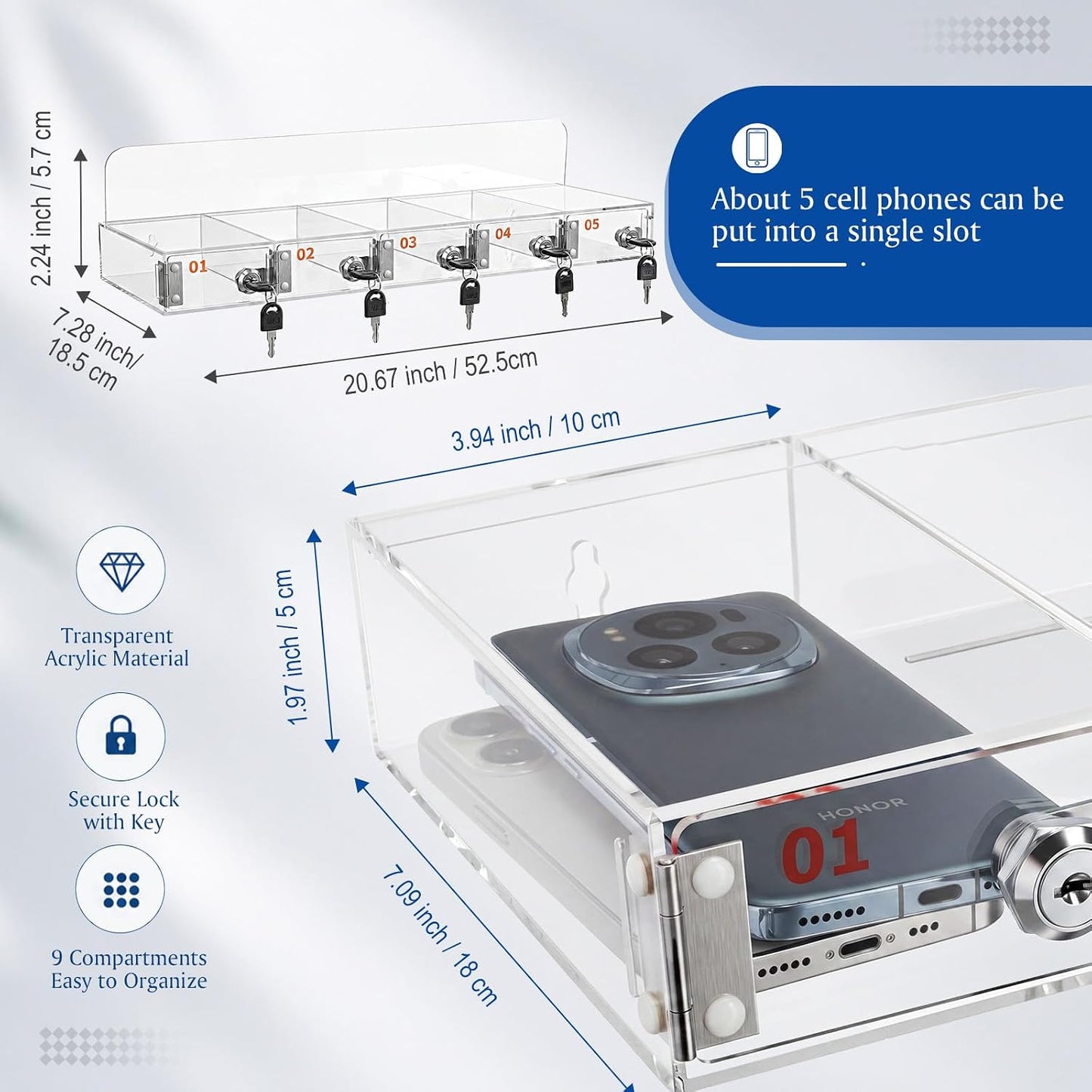 Threan 12 Slot Cell Phone Storage Box, Acrylic Clear Cell Phone Storage Cabinet Wall Mounted with Door, Locks and Keys for Office School Factory