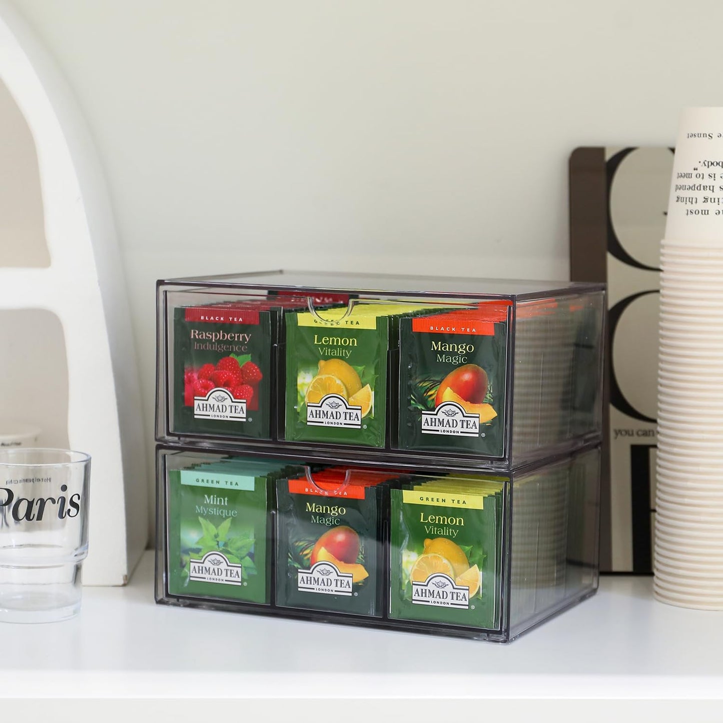 CLUQMEIK 2 Large Acrylic Tea Bag Organizer, 9 Grids Tea Organizers and Storage with Acrylic Drawers Stackable, Teabag Holder Organizer for Counter Countertop Kitchen Cabinet