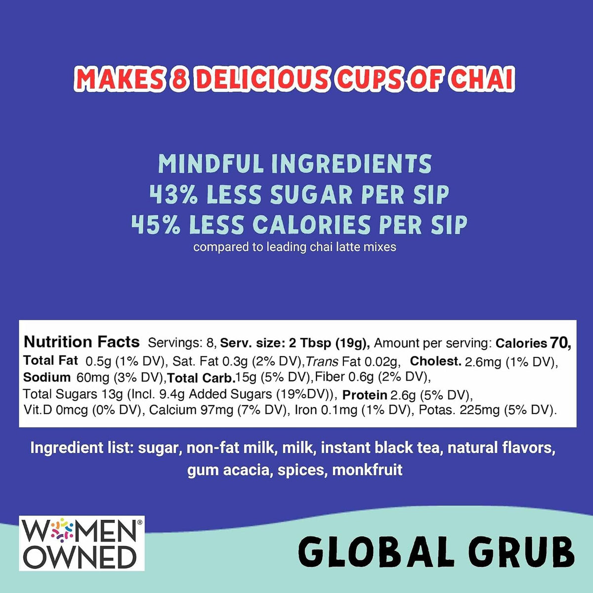 Global Grub Spiced Chai Latte Mix – Crafted with Mindful Ingredients – Effortless Instant Chai, Just Add Water, Enjoy Hot or Iced