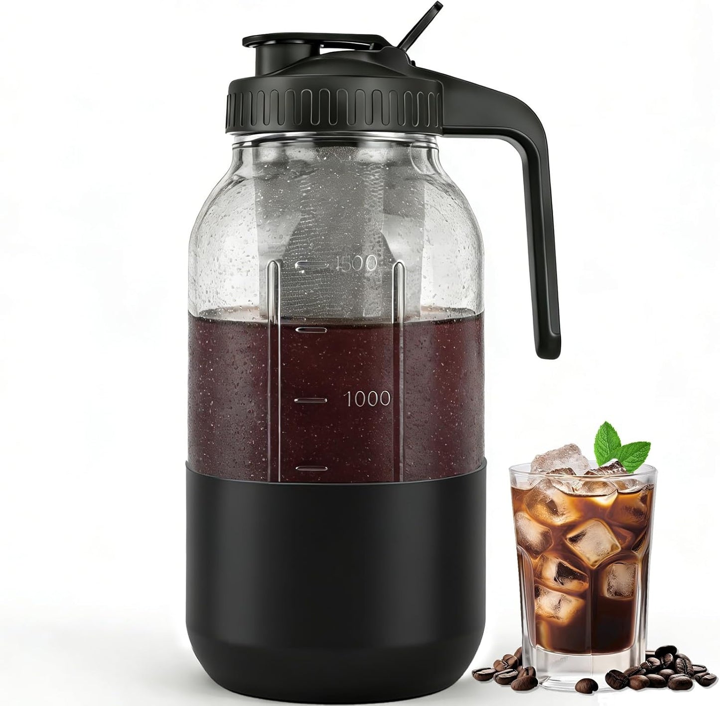 Cold Brew Coffee Maker,64 oz Mason Jar Pitcher with Stainless Steel Filter, Pour Spout Handle Lid, Heavy Duty Glass Airtight & Leak-Proof for Iced Coffee,Tea & Lemonade