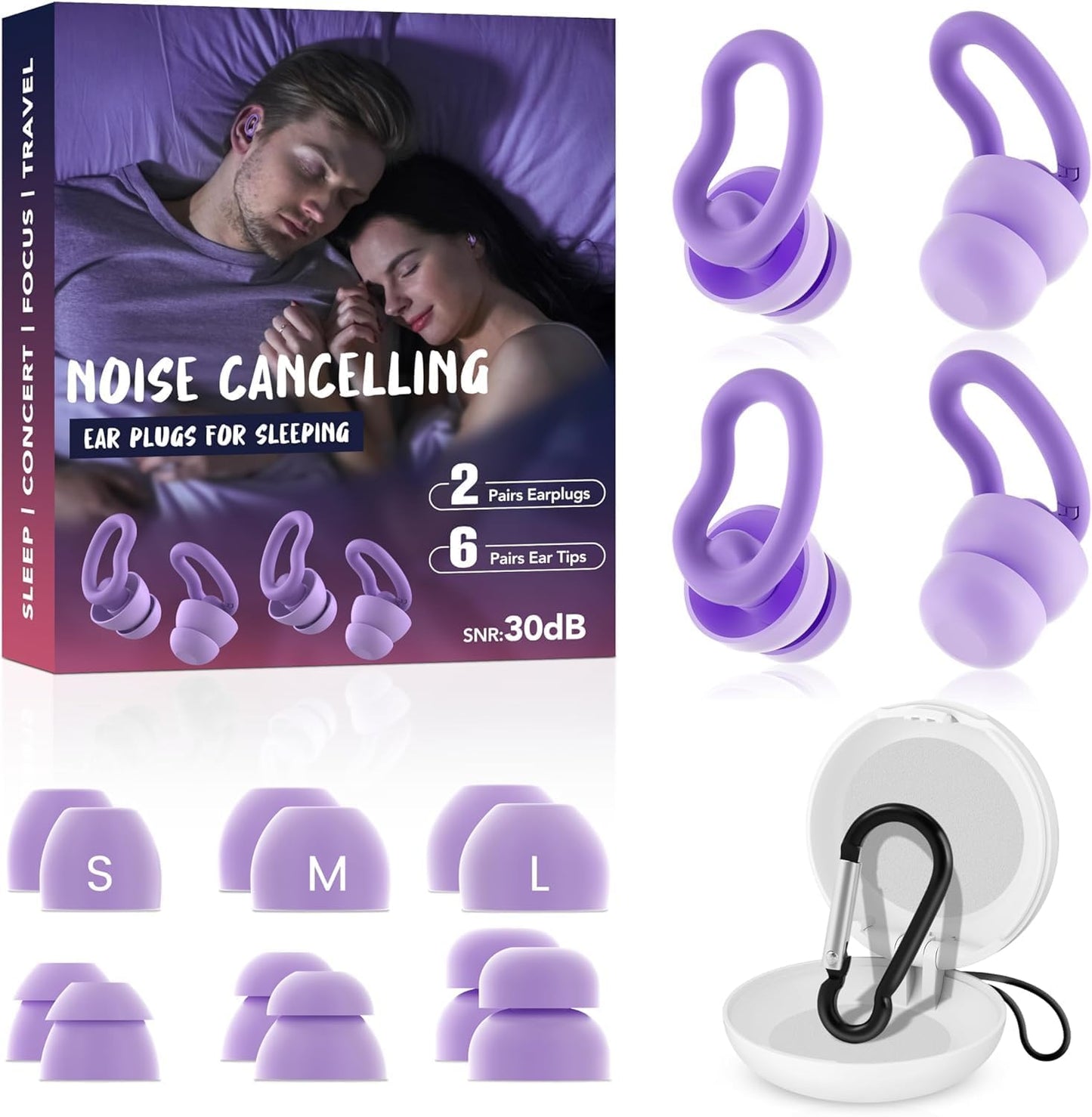 Ear Plugs for Sleeping, 2 Pairs Reusable Ear Plugs for Side Sleepers, 6 Sizes Silicone Ear Tips (Single & Dual Layer) 30dB Noise Reduction for Snoring, Travel & Focus