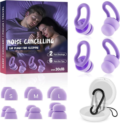 Ear Plugs for Sleeping, 2 Pairs Reusable Ear Plugs for Side Sleepers, 6 Sizes Silicone Ear Tips (Single & Dual Layer) 30dB Noise Reduction for Snoring, Travel & Focus