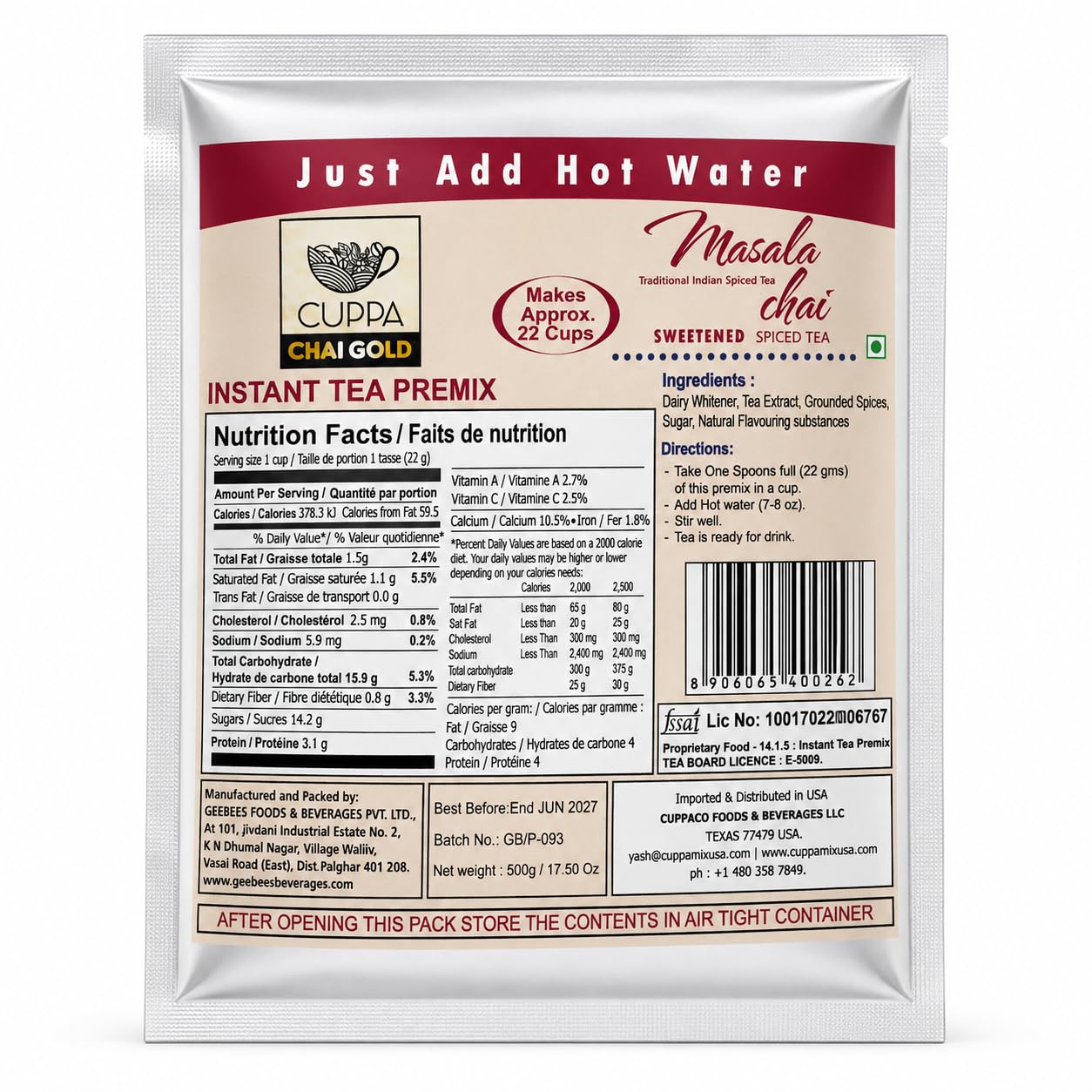 Chai Gold Instant Chai Tea Premix Powder - Sweetened Milk Tea Latte Mix for Home and Beverage Dispensers - [500g / 1.1 lb Bulk Bag] (Kadak)
