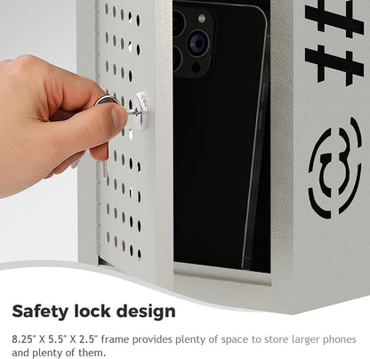 OSKIE Lockable Phone Downtime Box with Key, Metal Smartphone Storage Locker, Secure Phone Holder with Ventilation, Wall Mount or Desktop Organizer for Home, Office, Classroom (Gray White)