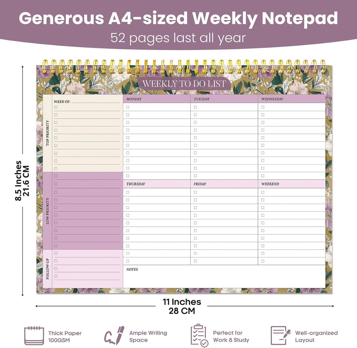 Weekly To Do List Notepad with 52 Undated Sheets（8.5"×11"）- Undated Weekly Planner Notepad for Office Desk Accessories and Supplies - Sunshine Petal