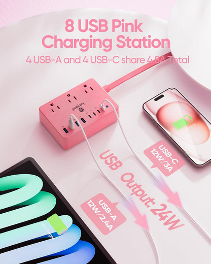 Kakyanill 8 USB Pink Power Strip with 6 AC(4 USB-C), 5 FT Extension Cord