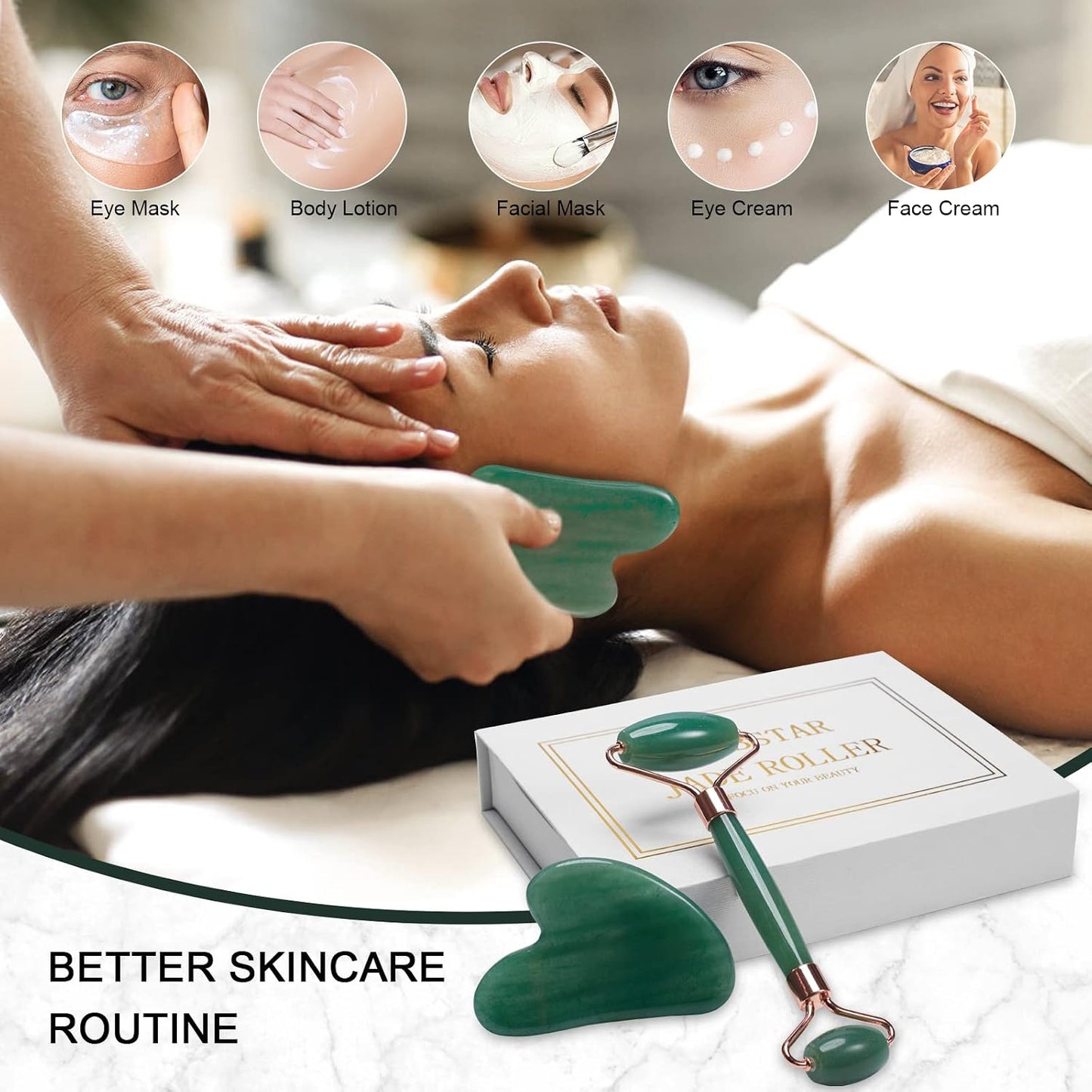 Jade Roller for Face, Facial Roller Massager Skin Care Tool, Gua Sha Facial Tools for Face, Neck, Eyes, Reduce Puffiness of The Skin - White