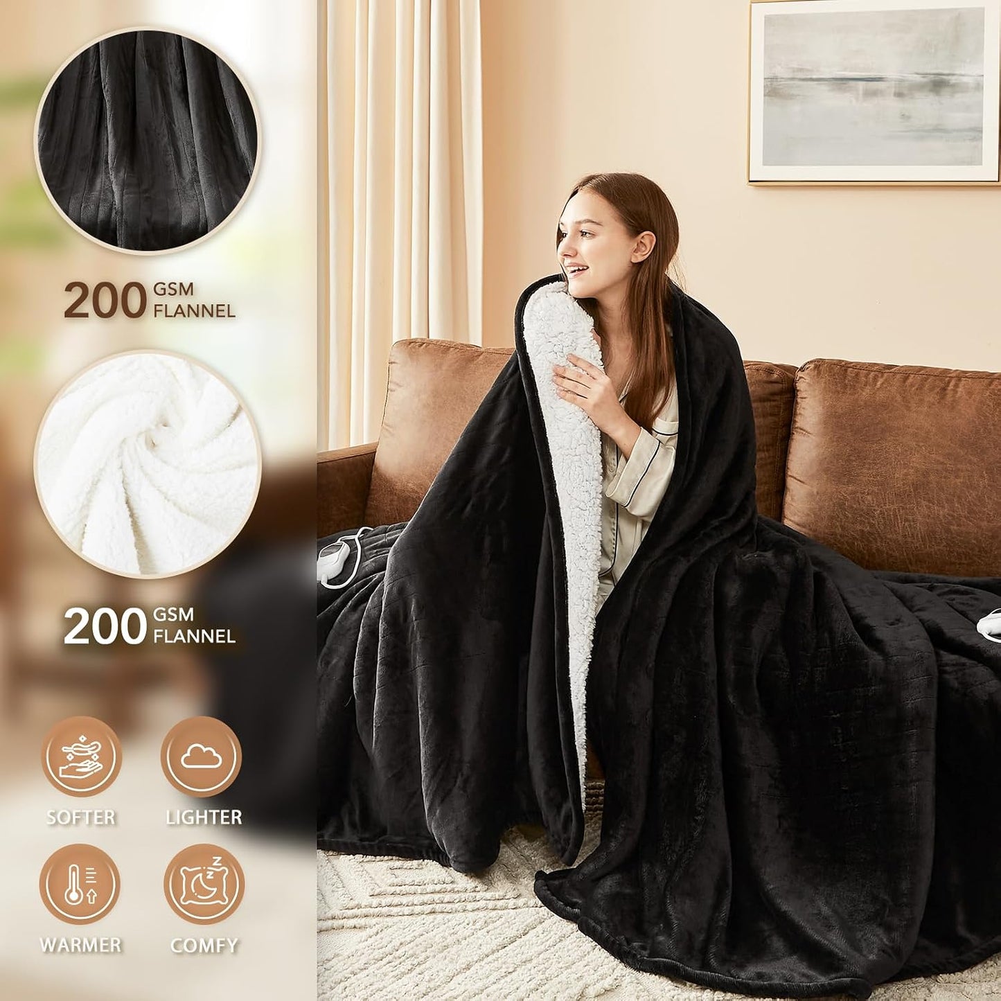 Homemate Electric Heated Blanket Twin - 62"x84" Heating Bed Blankets Throw with 10 Heating Levels 8 Hours Auto Off Fast Heating Over-Heated Protection Ultra Soft Warm Flannel ETL Certified Grey - Colors A