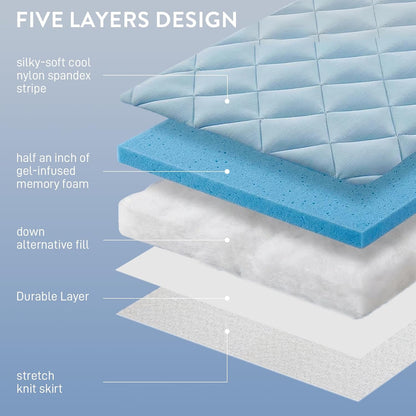 SureFit Queen Size Cooling Mattress Topper, 1/2 Inch Gel-Infused Memory Foam Mattress Pad, Breathable Ventilated Design, Light Soft Comfort for Hot Sleepers, Deep Pocket 8-20 Inch