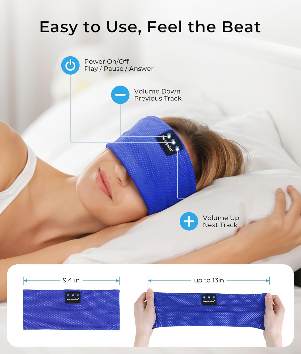 ink-topoint Sleep Headphones Bluetooth 5.4 Headband, 2 in 1 Sleep Mask with Bluetooth Headphones, Wireless Headband Earphones with Ultra-Thin HD Stereo Speaker, Music Headband for Workout Running Yoga