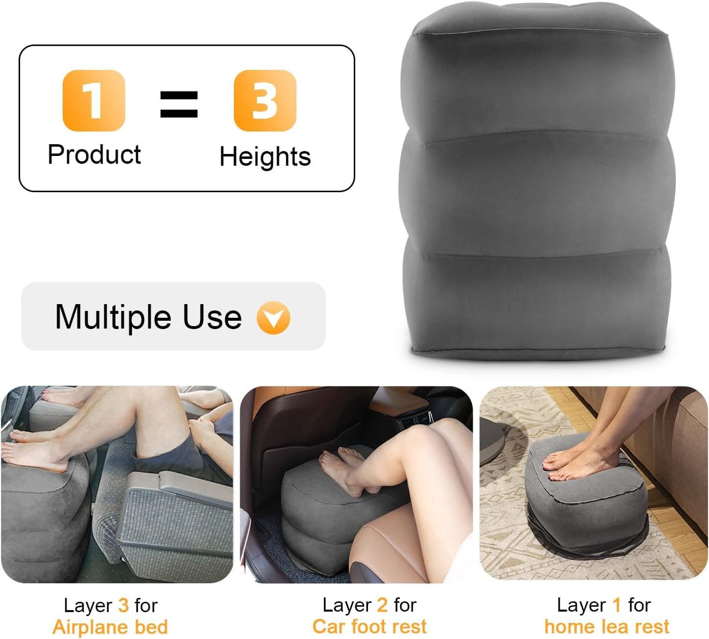 Inflatable Travel Foot Rest Pillow, Kids Airplane Bed, Adjustable Height Leg Pillow for Air Travel, Make a Flat Bed for Kids and Toddlers, Great for Airplane, Train, car（Grey, 1 Pack）