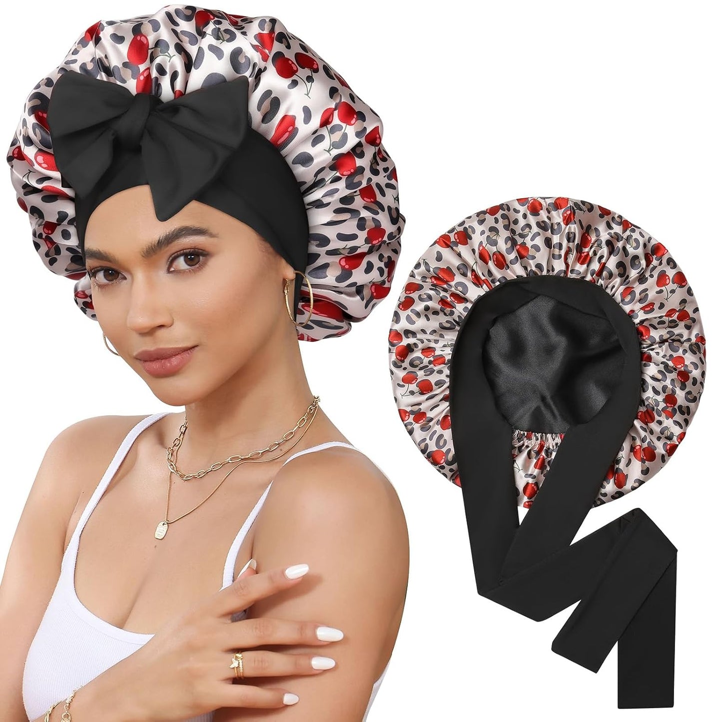 Satin Bonnet for Sleeping Cap Double Layer Hair Bonnet with Elastic Tie Band for Curly Hair Night Cap (Bean Paste + Pink)