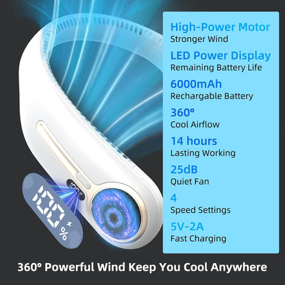 Portable Neck Fan, Personal Wearable Bladeless Fan, 6000mAh USB Rechargeable, 360° Airflow, LED Display, 4-Speeds, Hands Free Fan for Outdoor Indoor, Birthday Gifts for Men Women Dad Mom (Black)