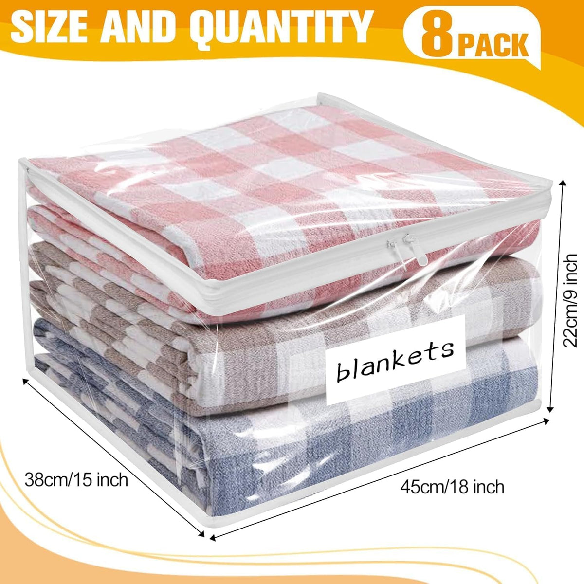 Plastic Storage Bags with Easy-Glide Zipper, Durable Clear Vinyl Zippered Storage Bags for Clothes Sweaters Comforters Blankets Sheets Bedding (15.7 x 13.8 x 3.9 Inch, Transparent White)