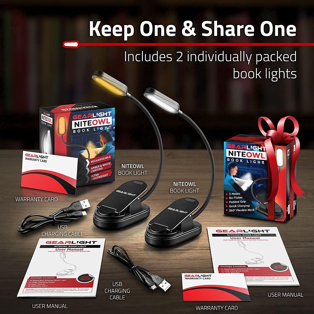 GearLight Rechargeable Book Light for Reading in Bed – Hands-Free LED Clip-on Lamp with 3 Light Modes, Adjustable Brightness, Flexible Neck Reading Light for Books, Laptops, and More – 2 Pack