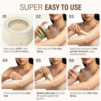 KeShi Waxing Kit, Painless Hair Removal Wax Warmer with 6 Bags Hard Wax Beans for Full Body, Legs, Face, Eyebrows & Bikini— Ideal for Both Women & Men
