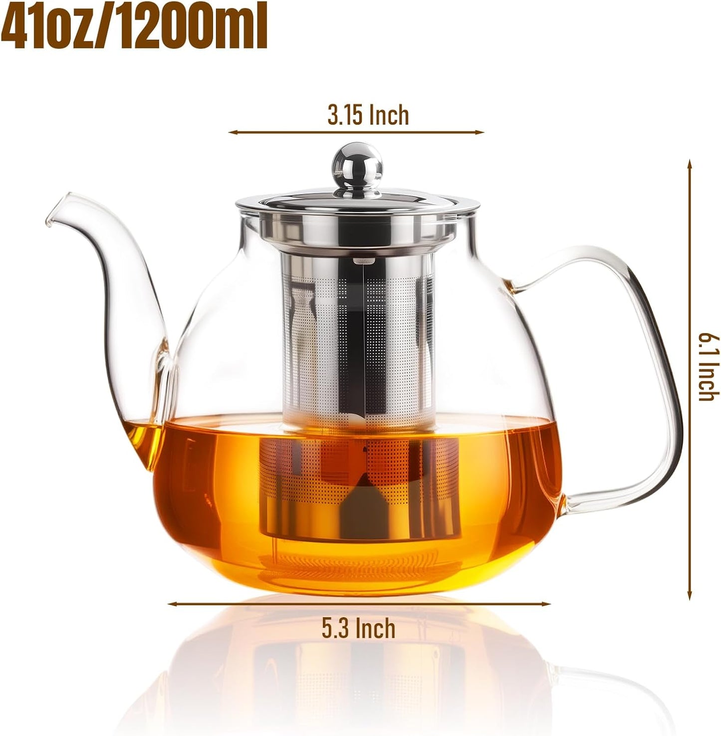 PARACITY Glass Teapot Stovetop 40 OZ/1200ml, Borosilicate Clear Tea Kettle with Removable 18/8 Stainless Steel Infuser, Teapot Blooming and Loose Leaf Tea Maker Tea Brewer for Camping, Travel