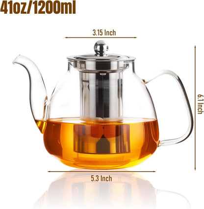 PARACITY Glass Teapot Stovetop 40 OZ/1200ml, Borosilicate Clear Tea Kettle with Removable 18/8 Stainless Steel Infuser, Teapot Blooming and Loose Leaf Tea Maker Tea Brewer for Camping, Travel