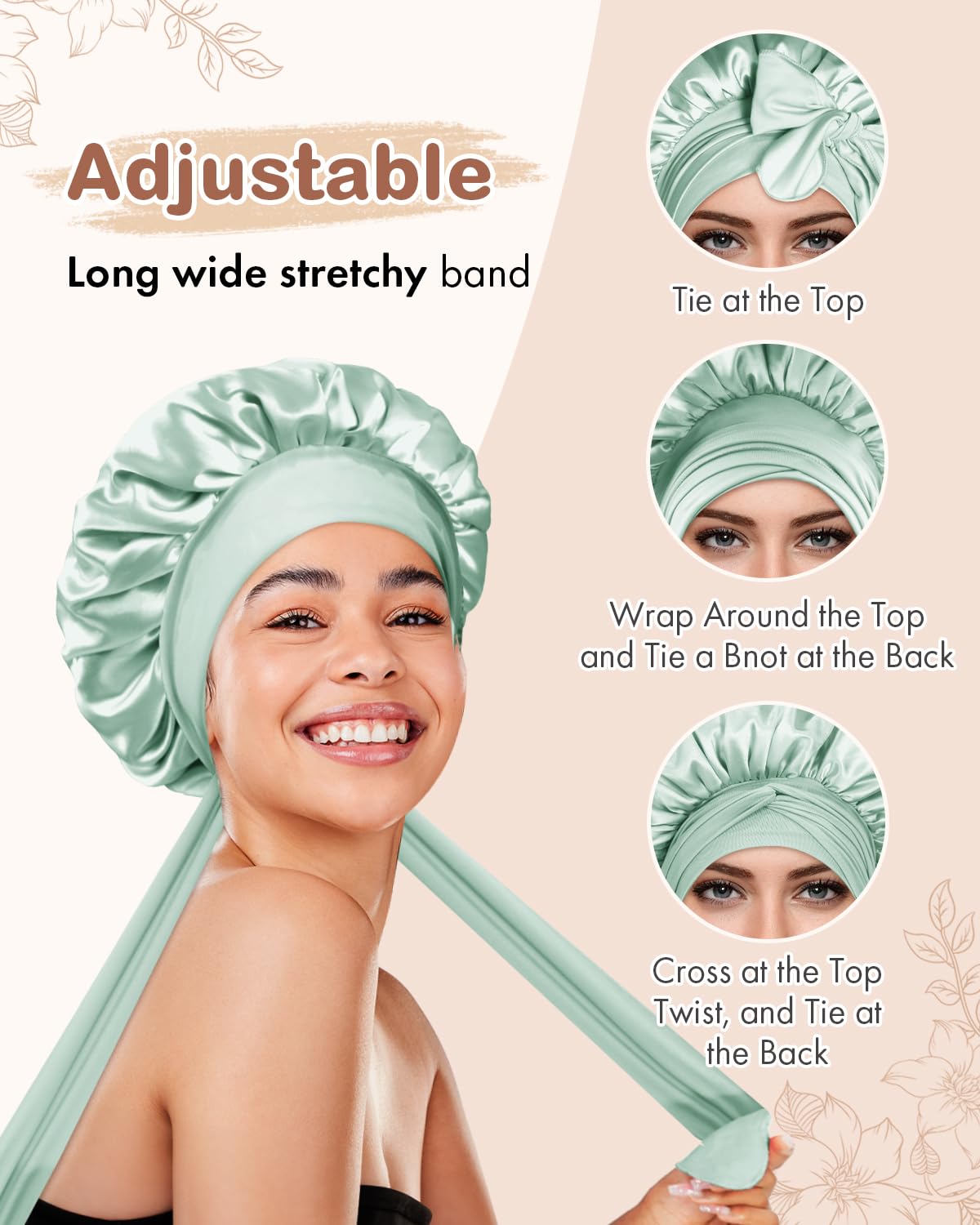 BONNET QUEEN Silk Bonnet for Sleeping for Women Satin Bonnet Night Cap for Curly Hair with Tie Band, Single Layer, Cream Pink