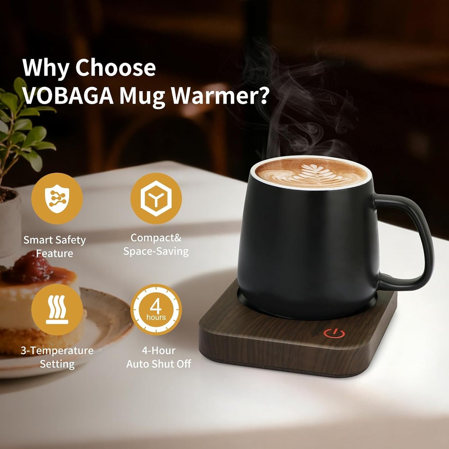 VOBAGA Coffee Mug Warmer for Desk with Auto Shut Off & 3-Temp Settings, Coffee Cup Warmer with Smart Safety Alert Home Office Accessory, Perfect for Coffee, Tea, Milk (Mug for Display)
