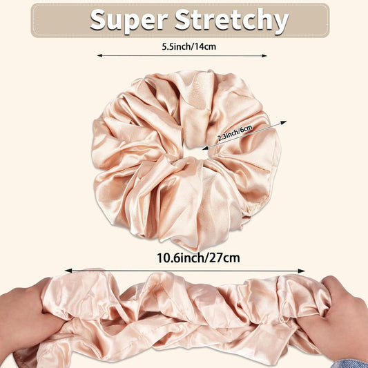 Large Silk Scrunchies for Women - 6PCS Satin Hair Ties Oversized, No Damage Hair Bands Gentle for Thick/Long Hair, Soft & Comfortable for Sleeping, Gym, Travel (Red/Black/Brown)