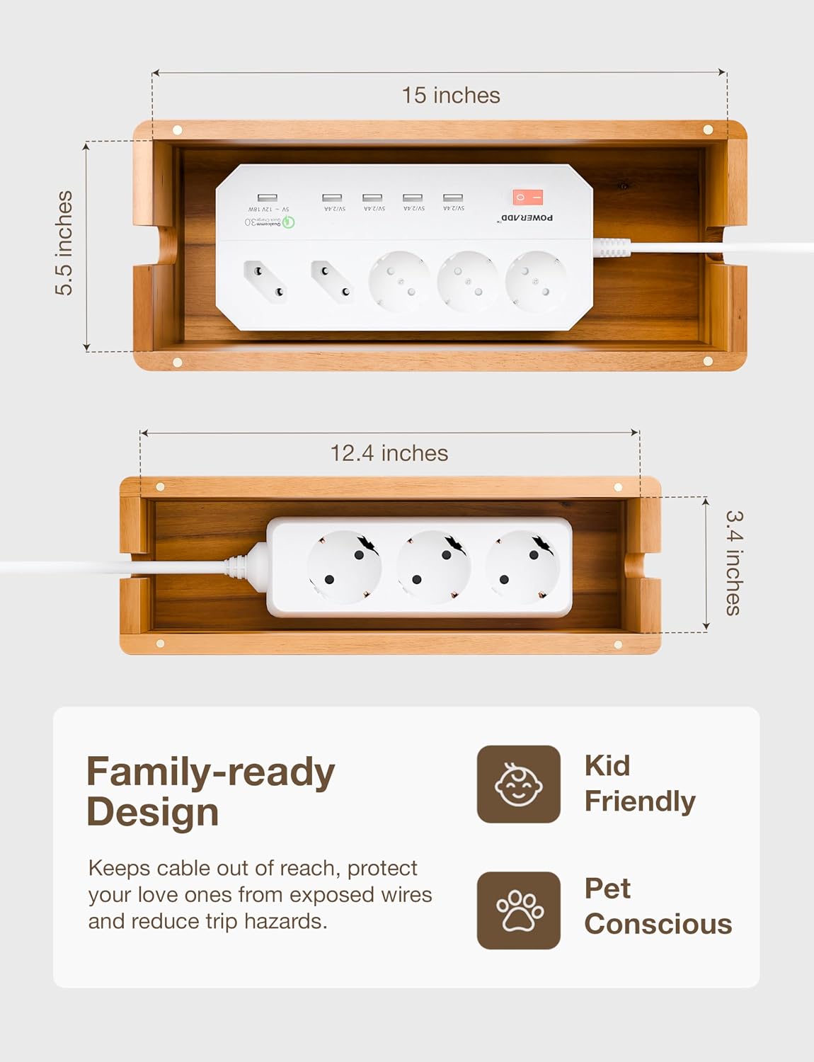 TIDITA 16" L Wooden Large Cable Management Box Round Edge (Walnut Color)